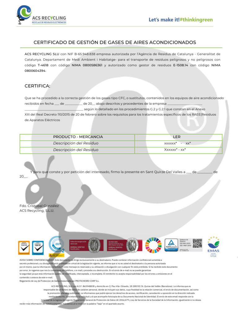 Certificado exclusivo de extracción de gas refrigerante ACS Recyling modelo ejempo